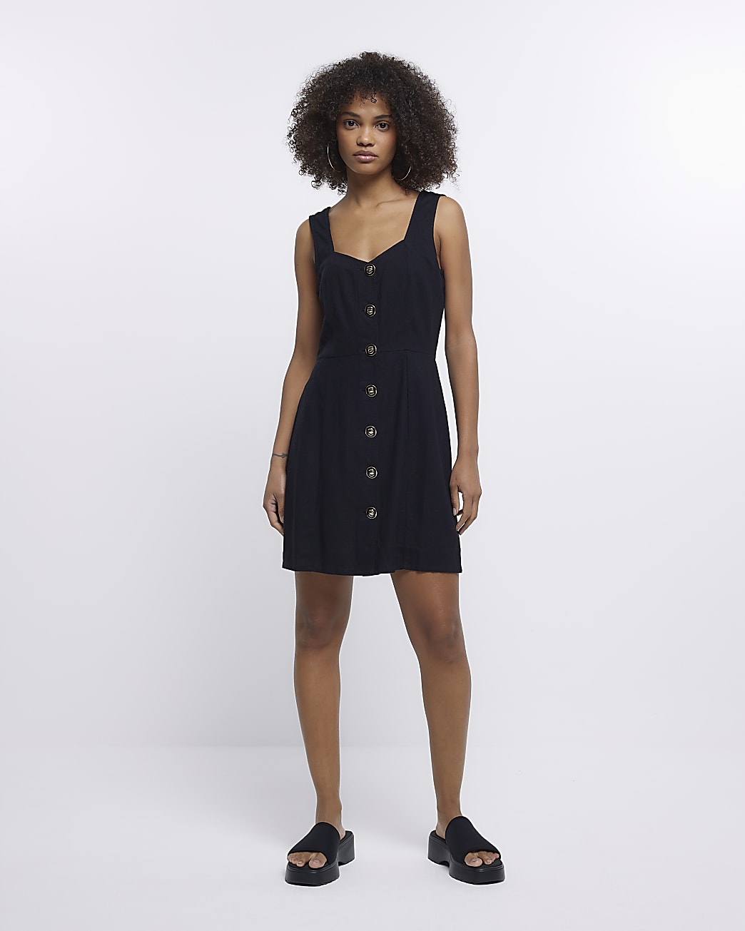 Black Linen Button Mini Dress