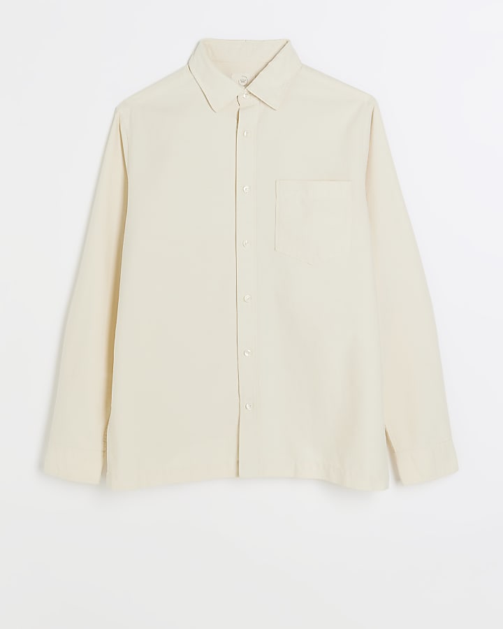 Ecru regular fit long sleeve oxford shirt
