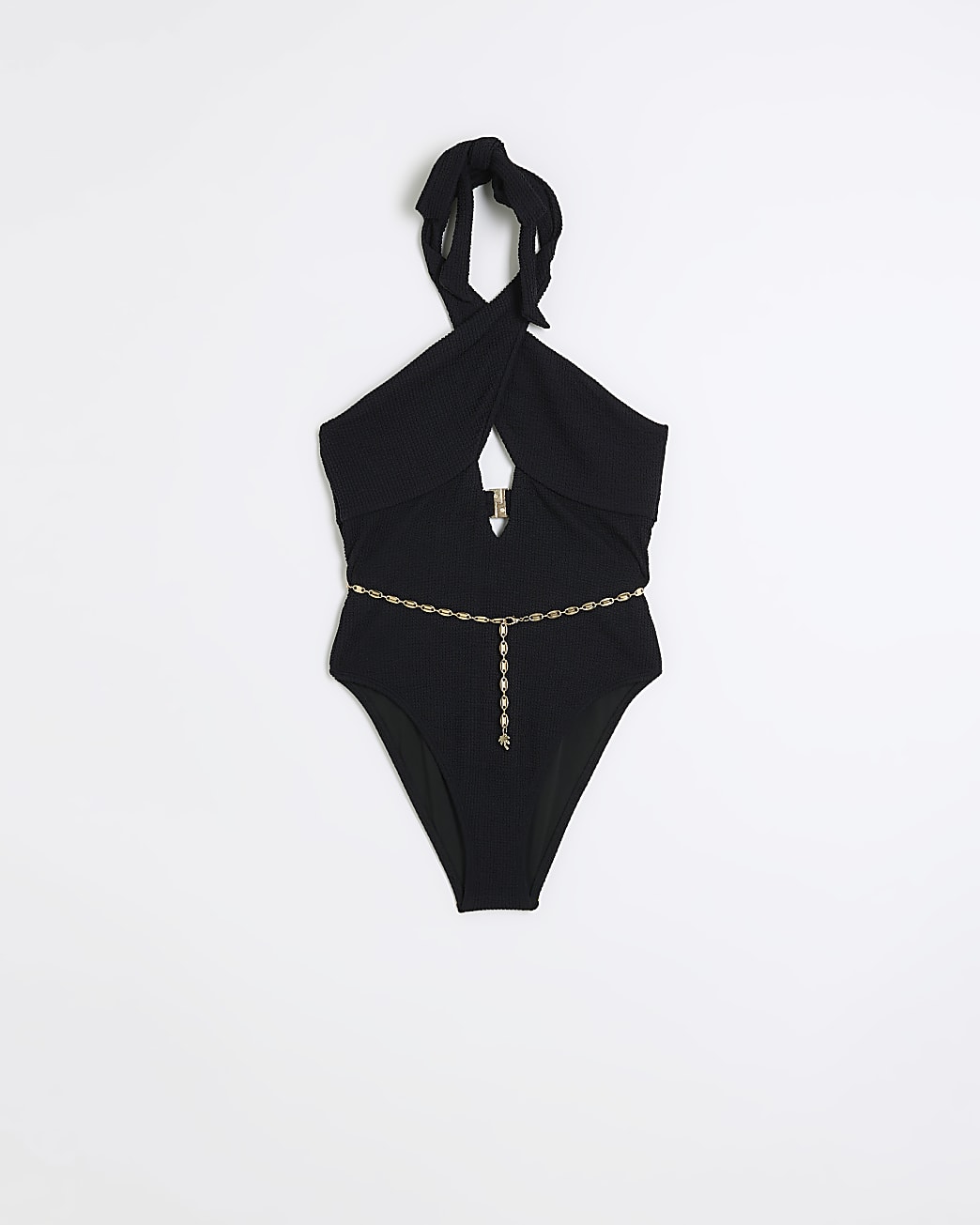 Black Textured Cut Out Belted Swimsuit