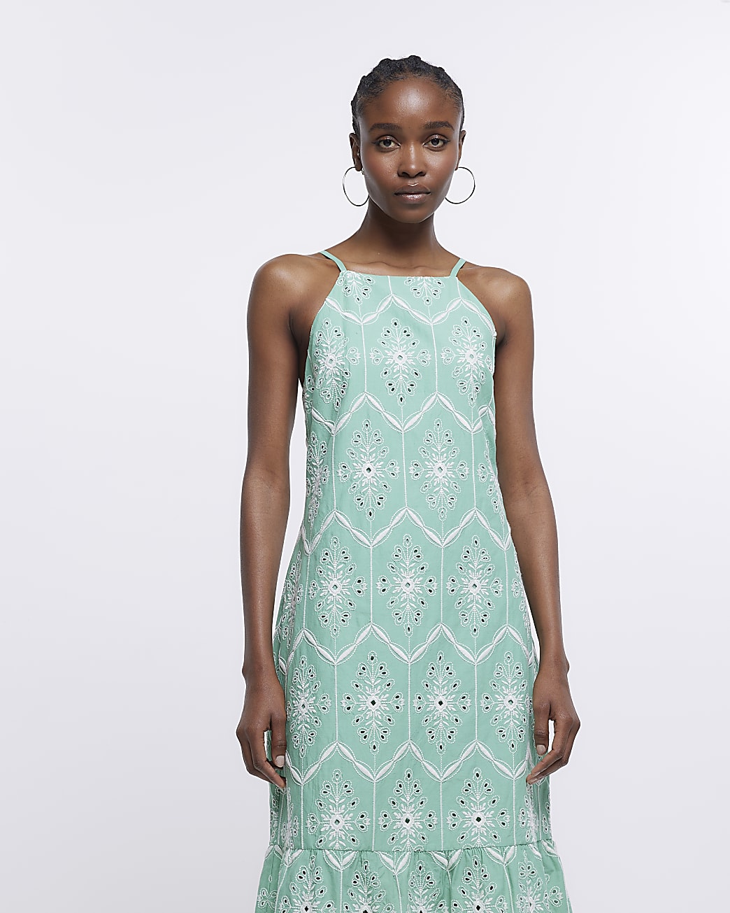 Green broderie midi dress