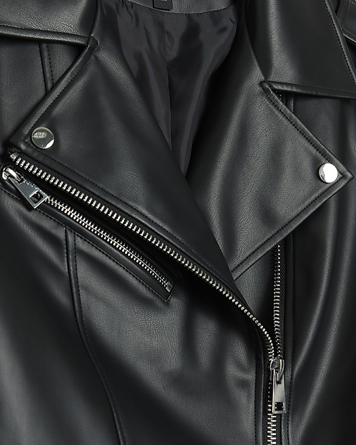 Petite black faux leather oversized jacket