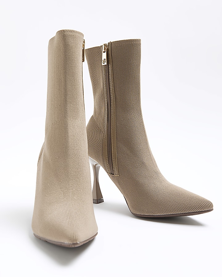 Beige knitted heeled ankle boots