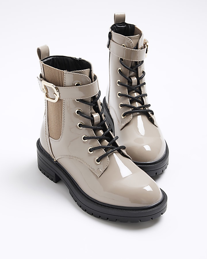 Beige wide fit patent buckle boots
