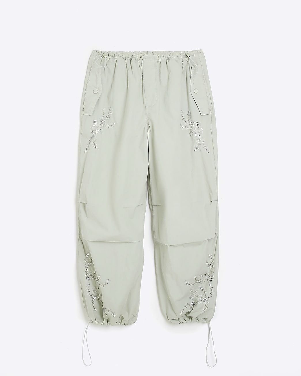 Green embellished parachute trousers