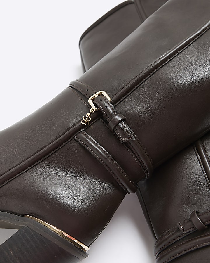 Brown buckle high leg heeled boots