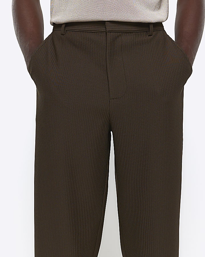 Khaki tapered fit plisse smart trousers