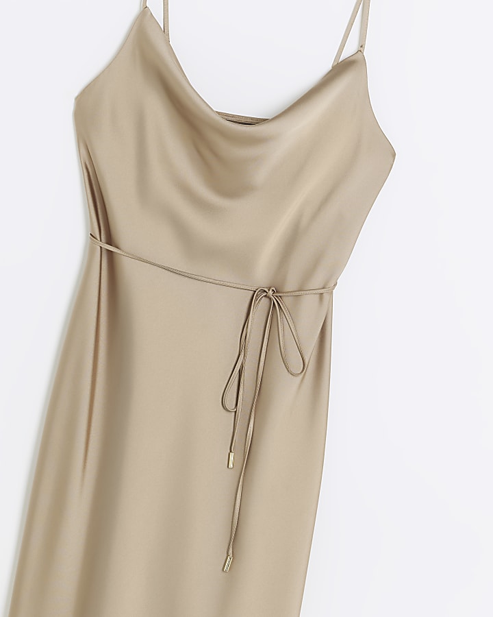 Beige satin cowl neck slip midi dress