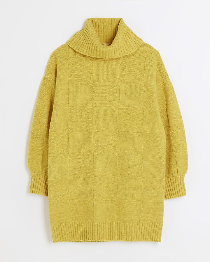 Yellow textured roll neck jumper mini dress