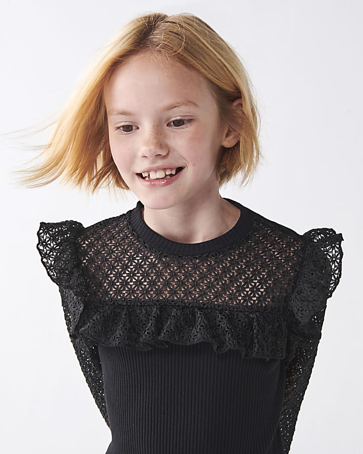 Girls black frill lace sleeve blouse