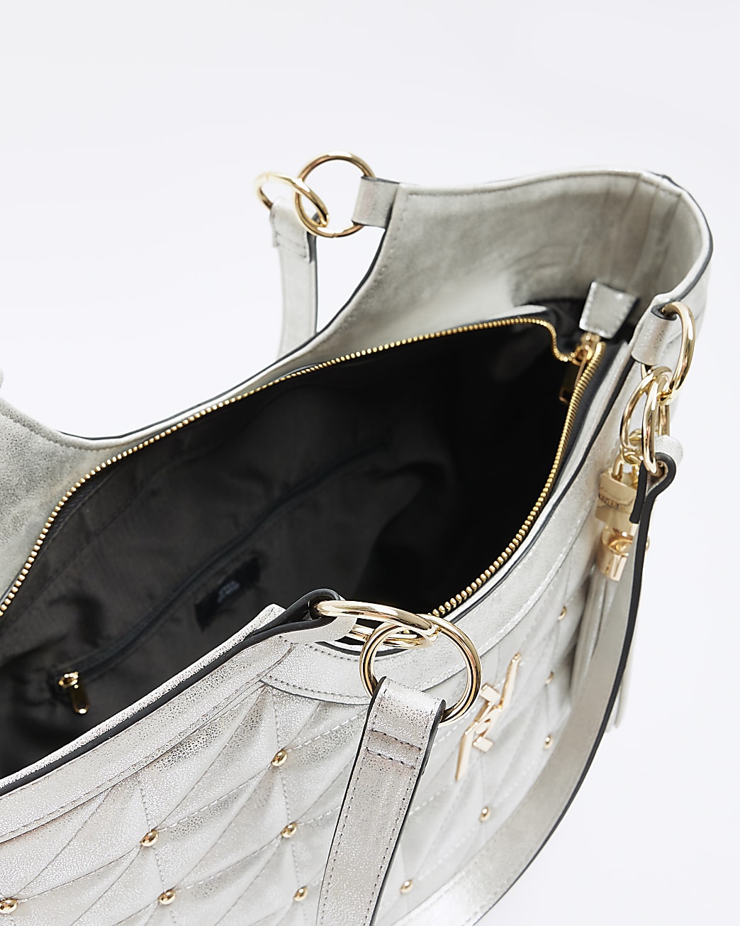 Silver quilted studded shopper bag