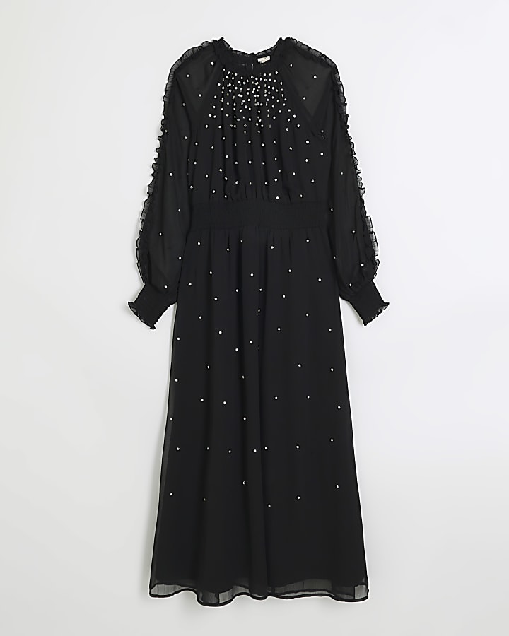 Black diamante shirred swing midi dress