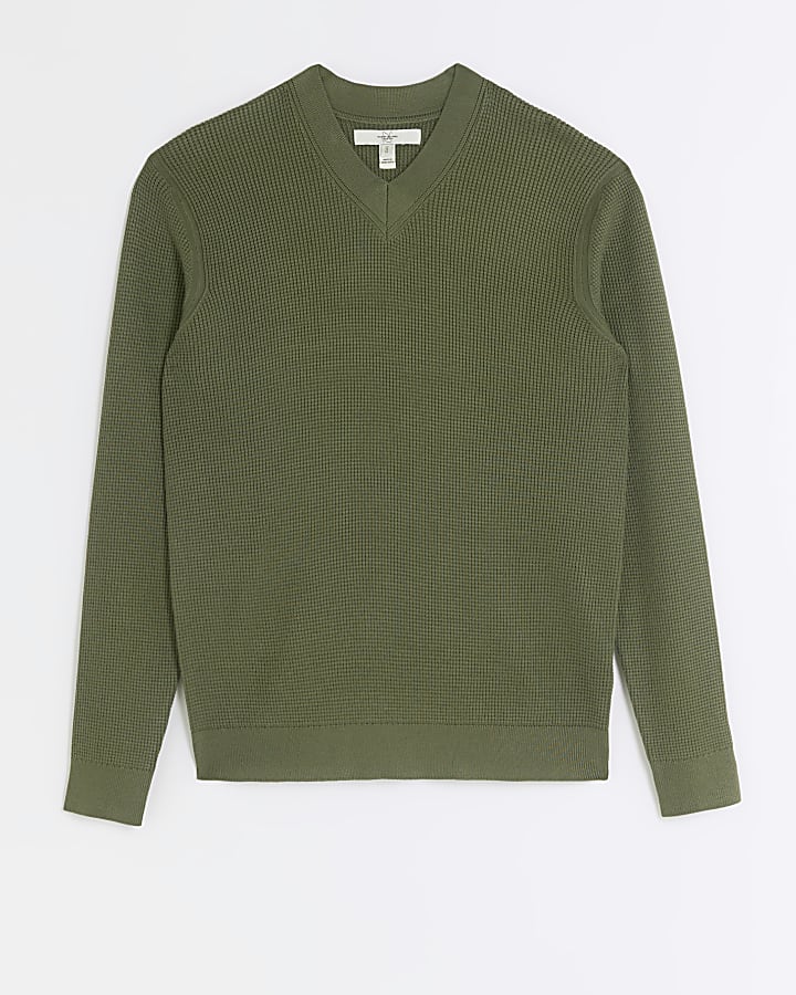 Green slim fit V neck jumper