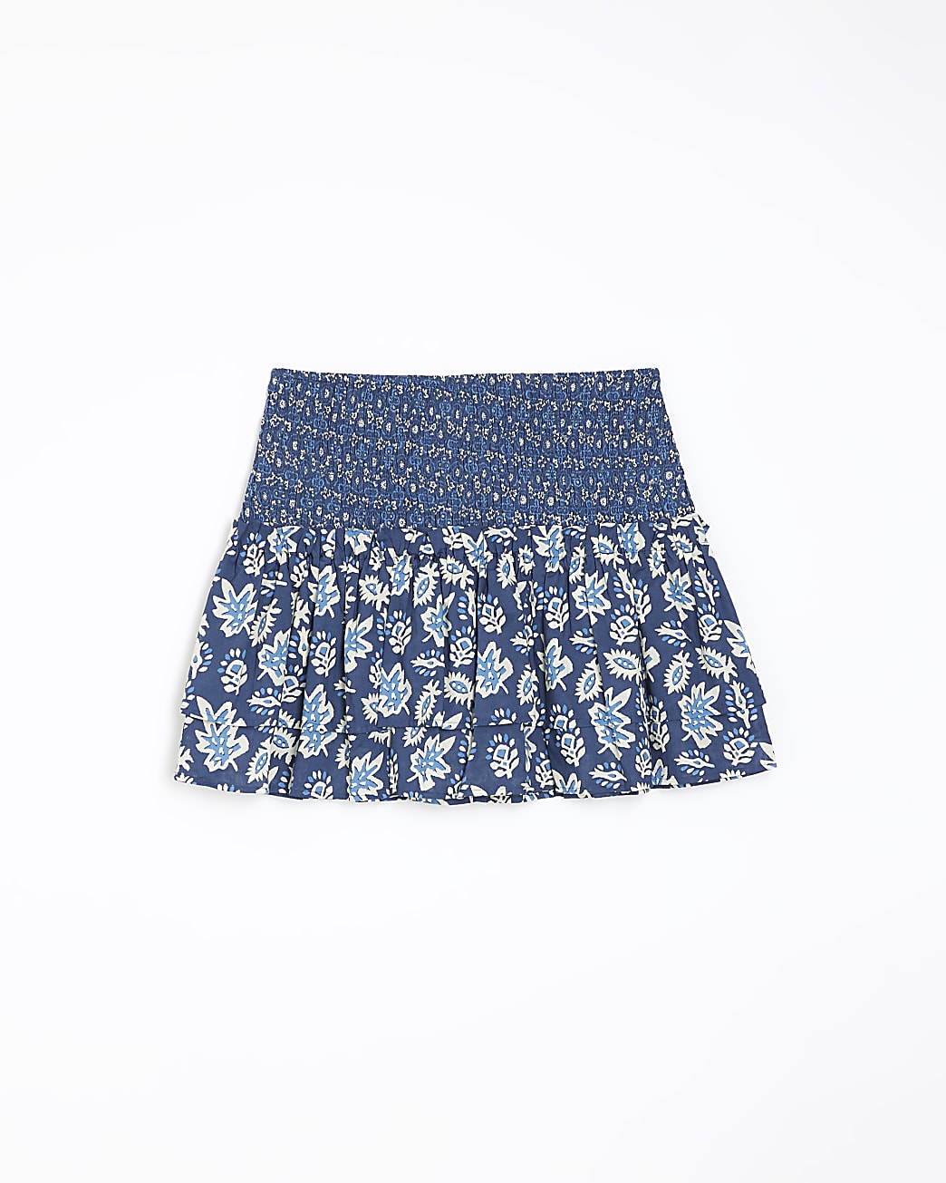 Blue floral shirred waist mini skirt