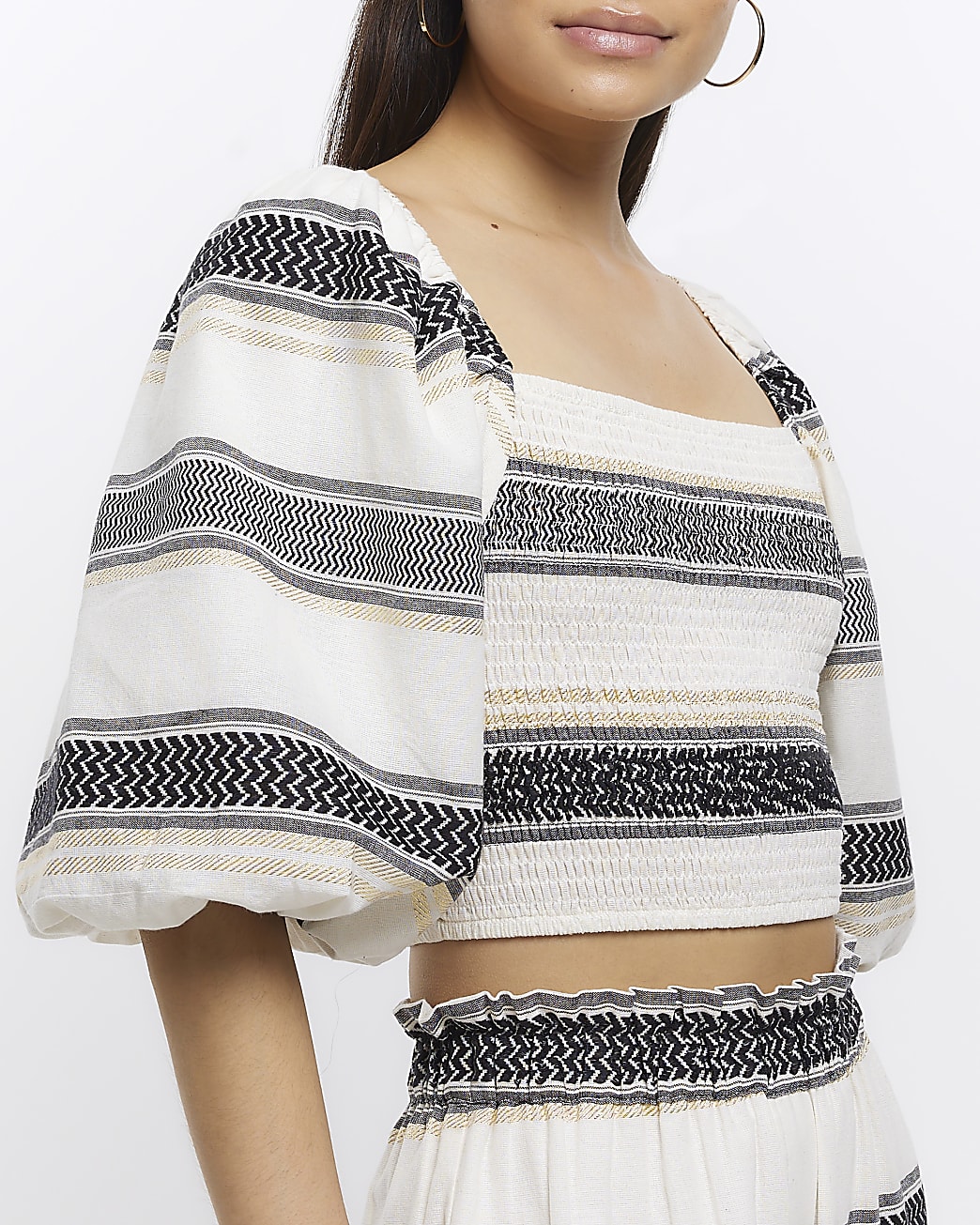 Ecru striped puff sleeve crop top