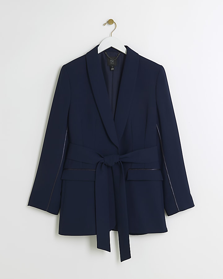 Navy RI Studio belted tuxedo blazer