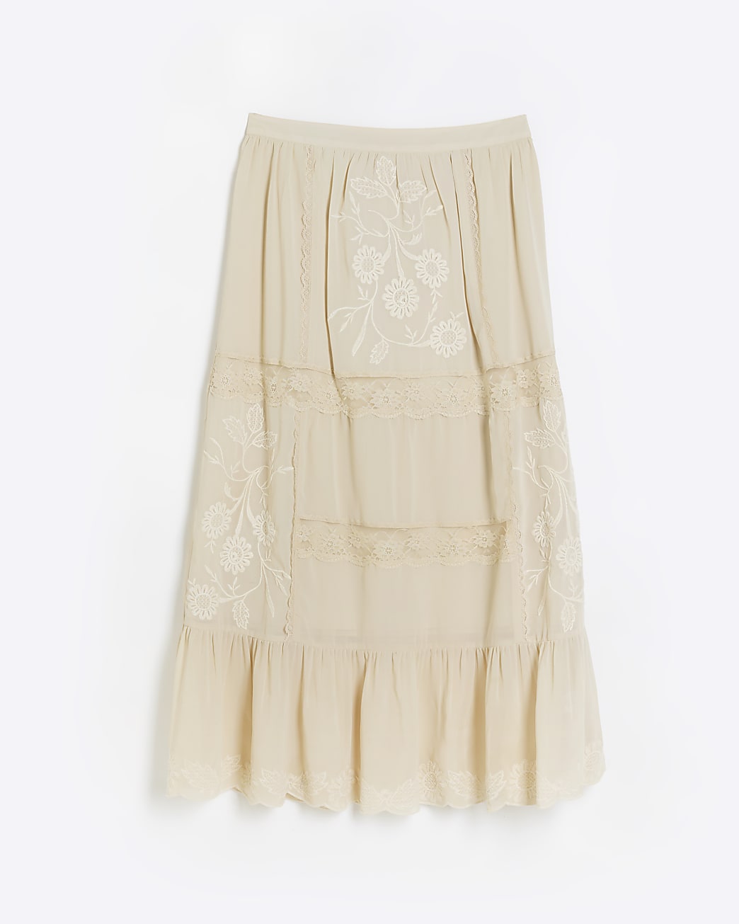 Cream lace embroidered tiered maxi skirt