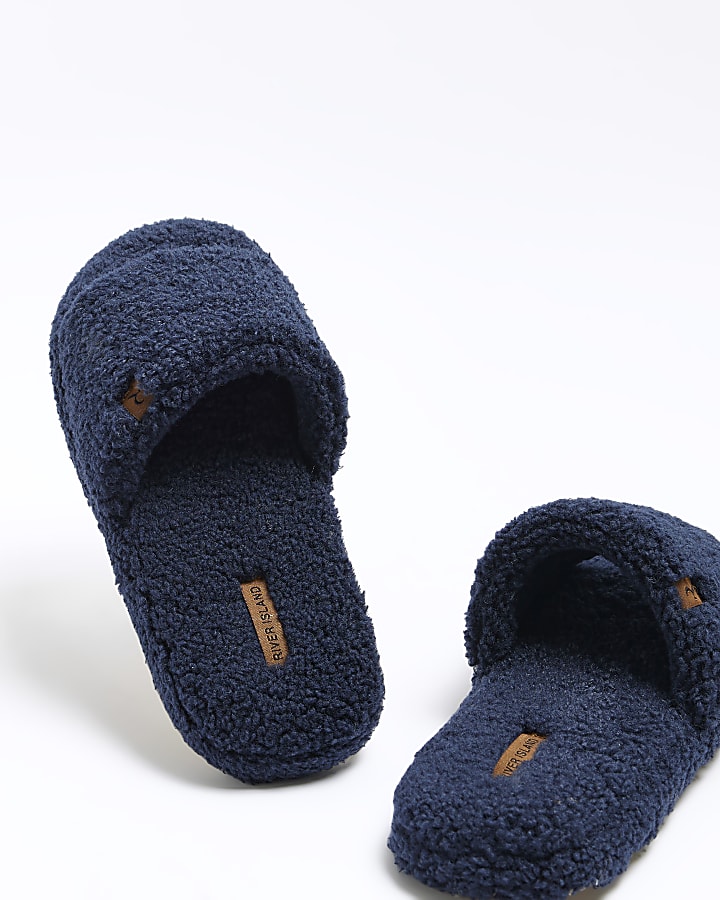 Navy shearling slippers
