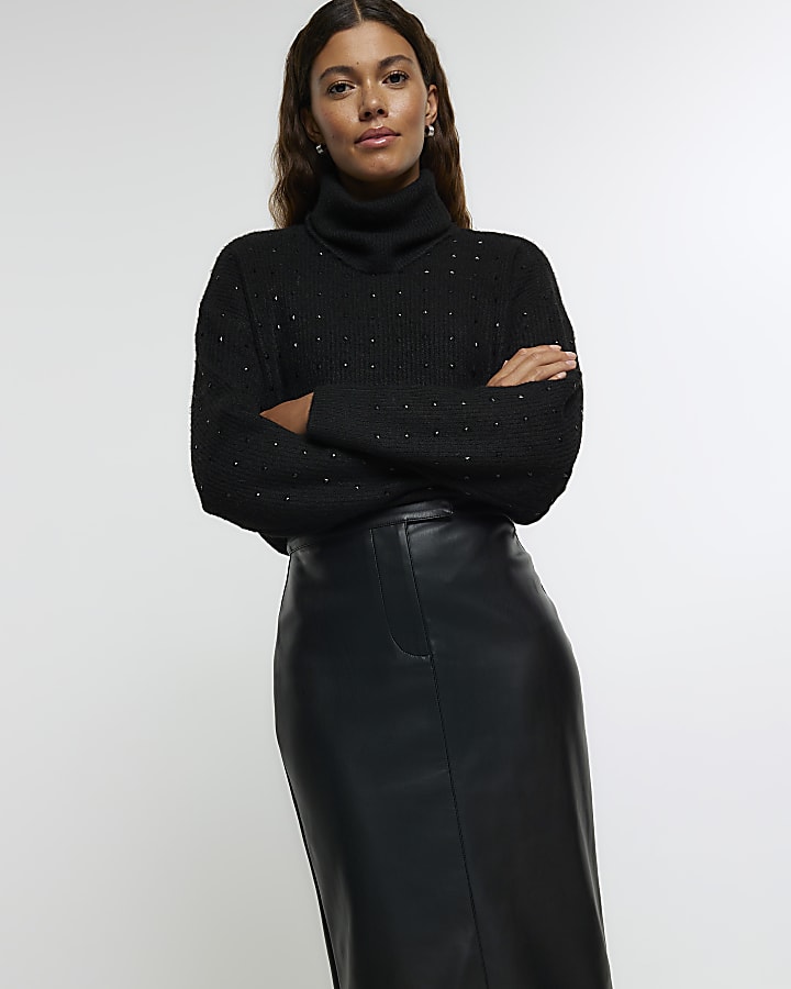 Black faux leather tailored midi skirt