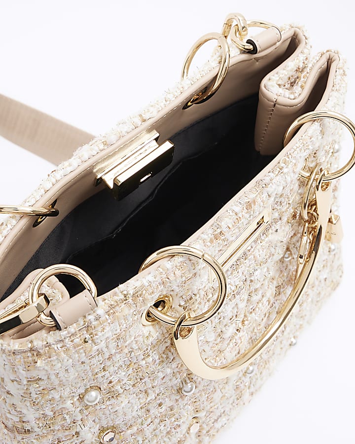 Cream boucle studded tote bag