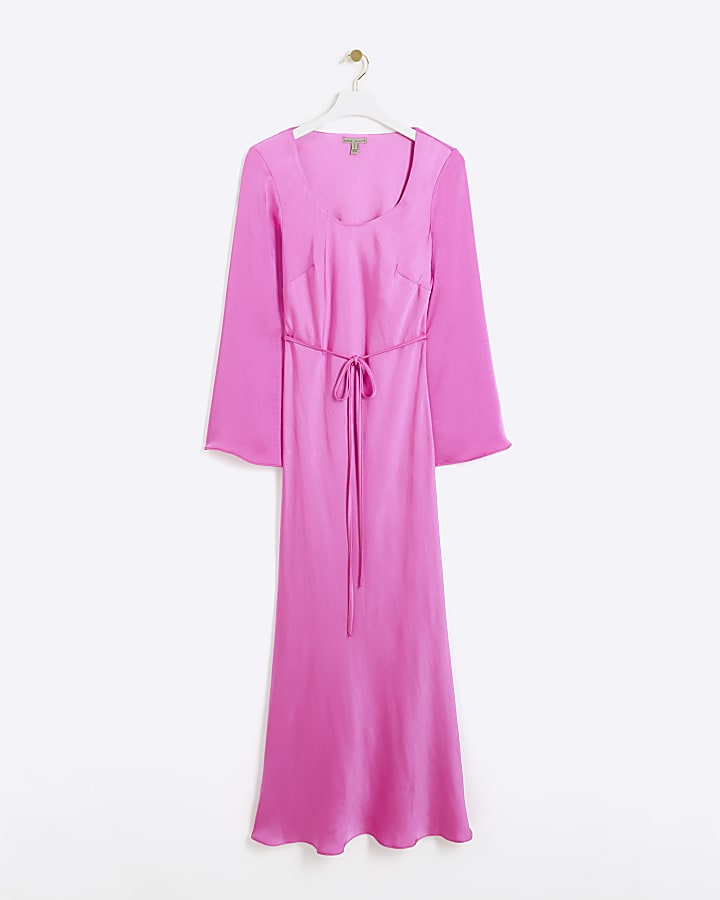 Pink satin tie waist shift midi dress