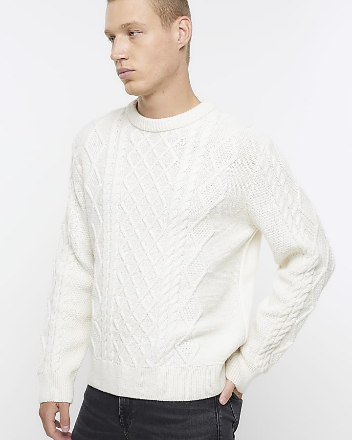 Ecru slim fit cable knit jumper