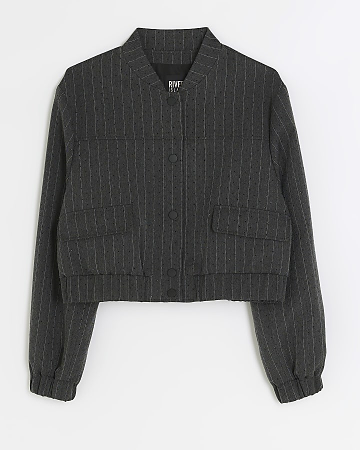 Grey stripe diamante crop bomber jacket