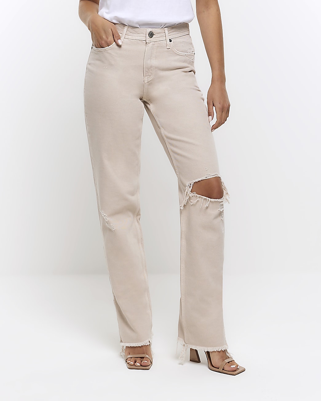 Ecru straight fit ripped jeans