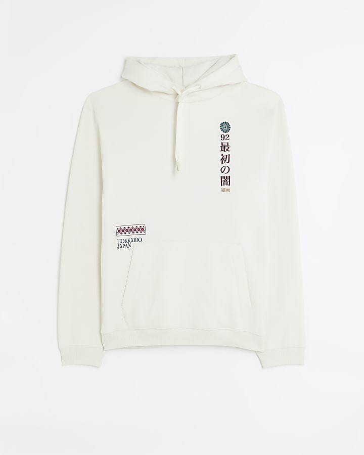 Ecru regular fit Japanese graphic hoodie