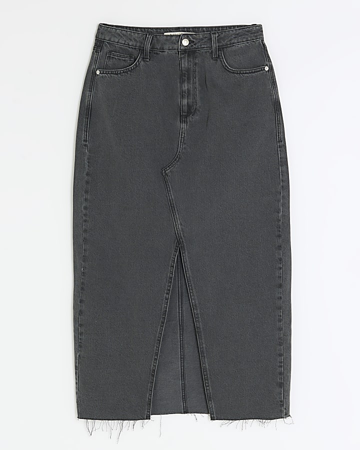 Grey split hem denim maxi skirt