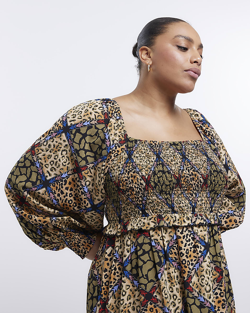 Plus beige animal print smock midi dress