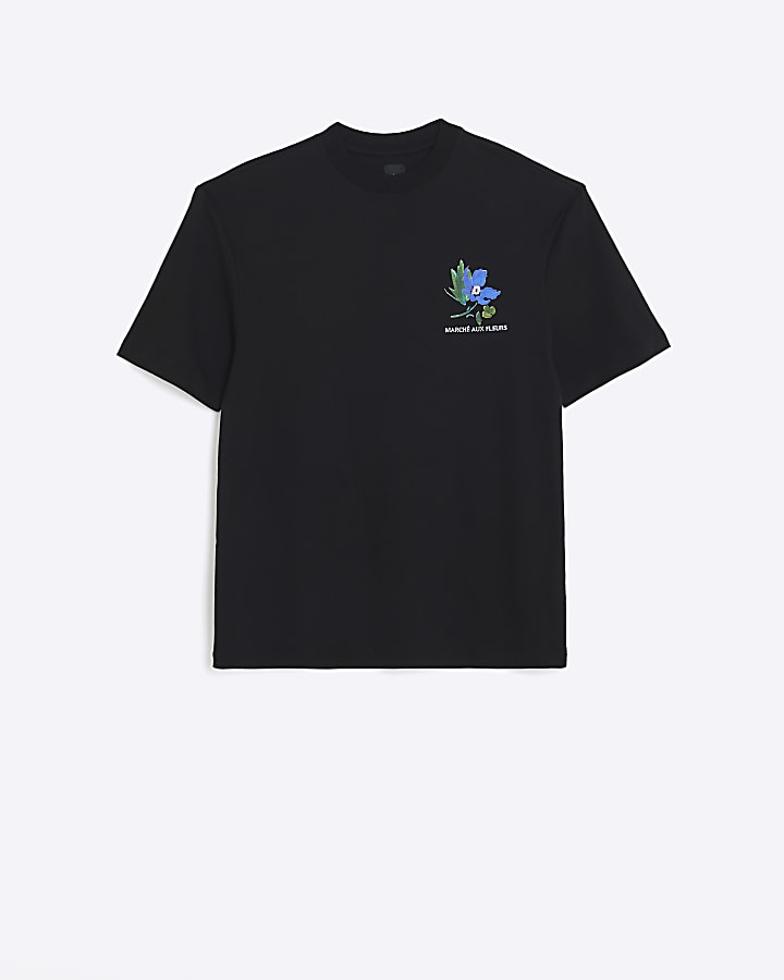 Black regular fit floral graphic t-shirt