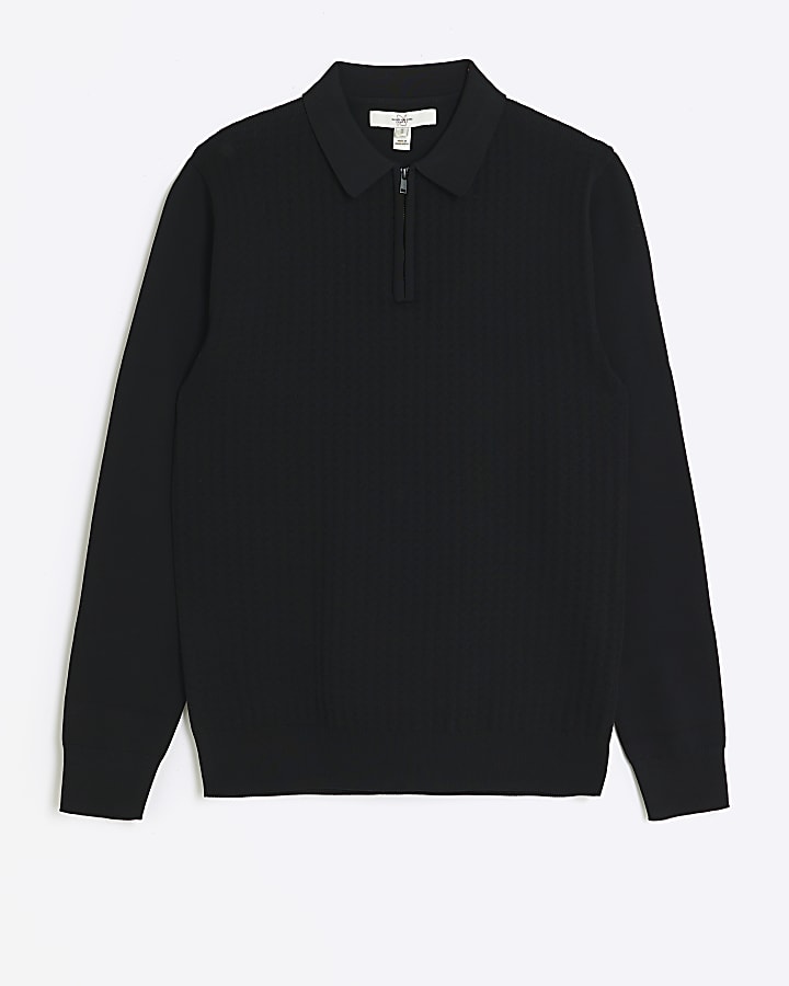 Black muscle fit cable knit polo