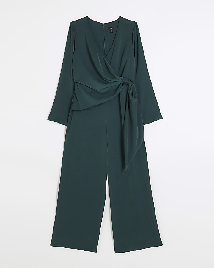 Green satin knot detail jumpsuit