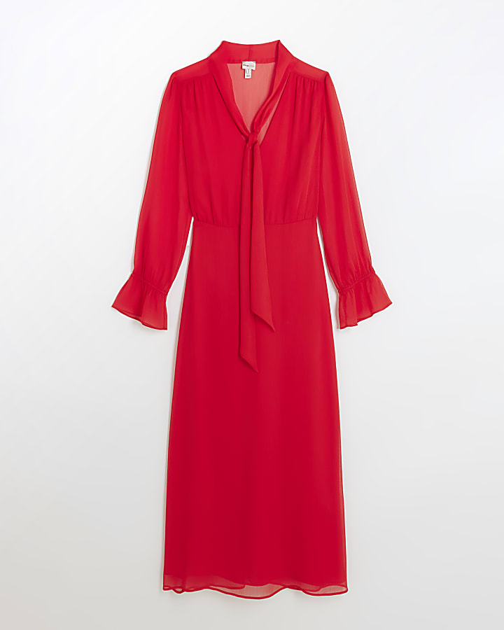 Red chiffon tie front swing midi dress