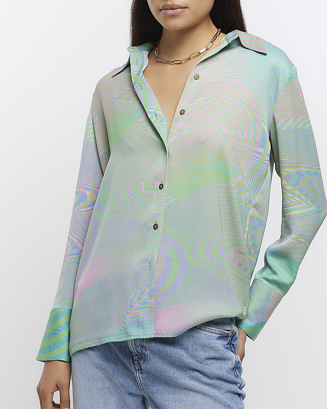 Green satin abstract print shirt