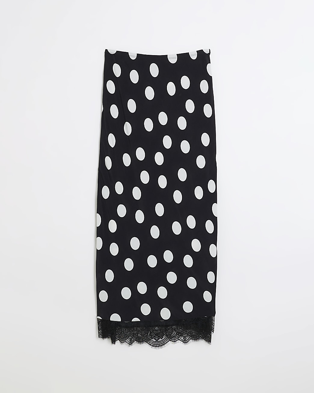 Black satin spot lace hem maxi skirt