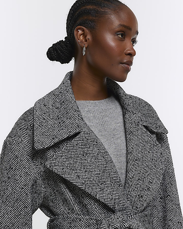 Black herringbone longline coat