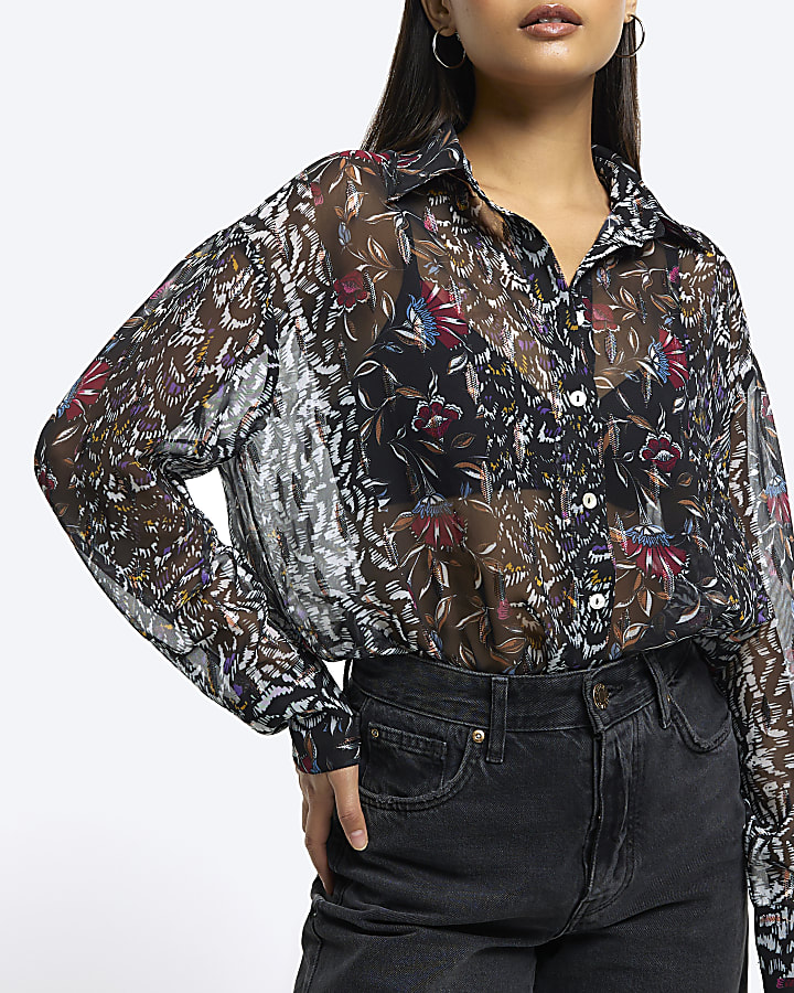 Black chiffon floral long sleeve shirt