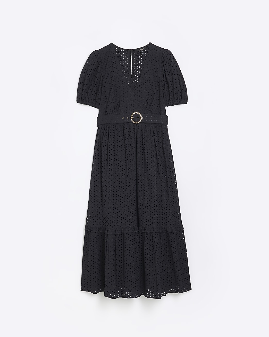 Black broderie belted swing midi dress
