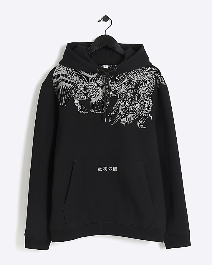 Black regular fit embroidered dragon hoodie