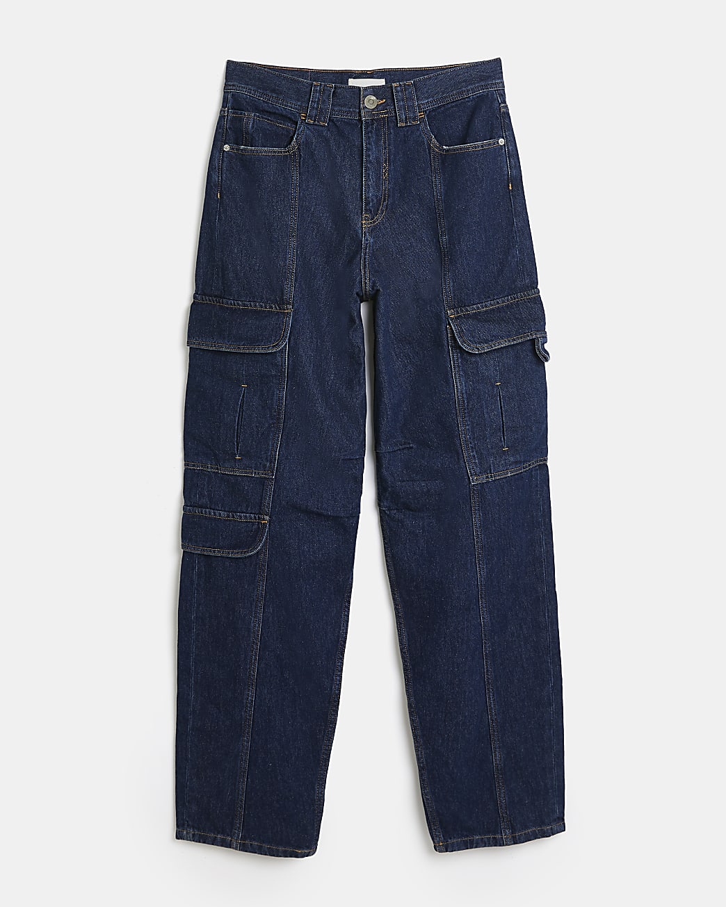 Blue mid rise pocketed cargo jeans