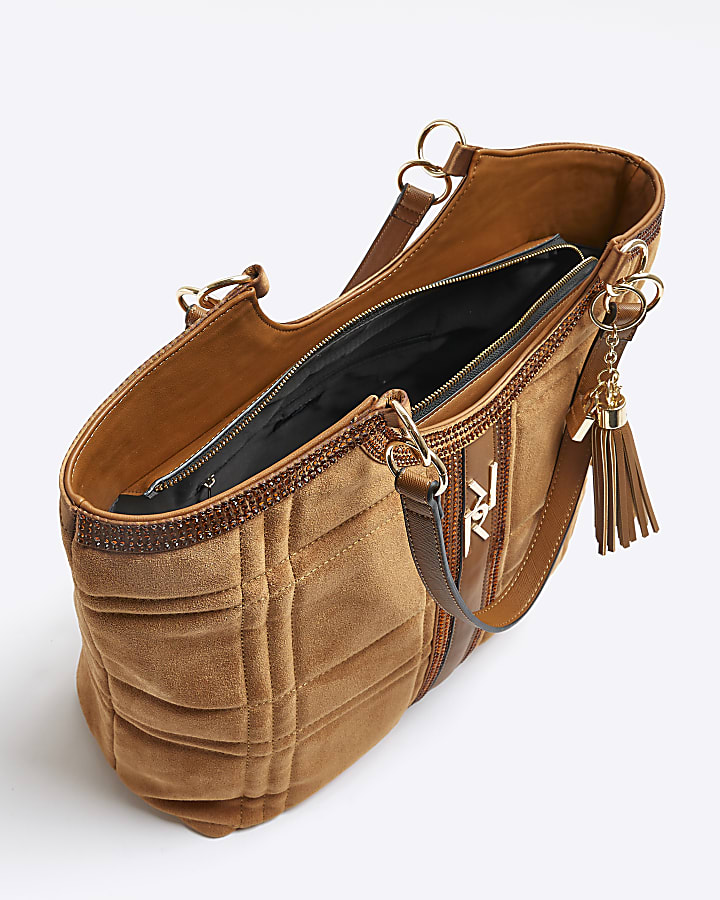 Brown suedette quilted shopper bag