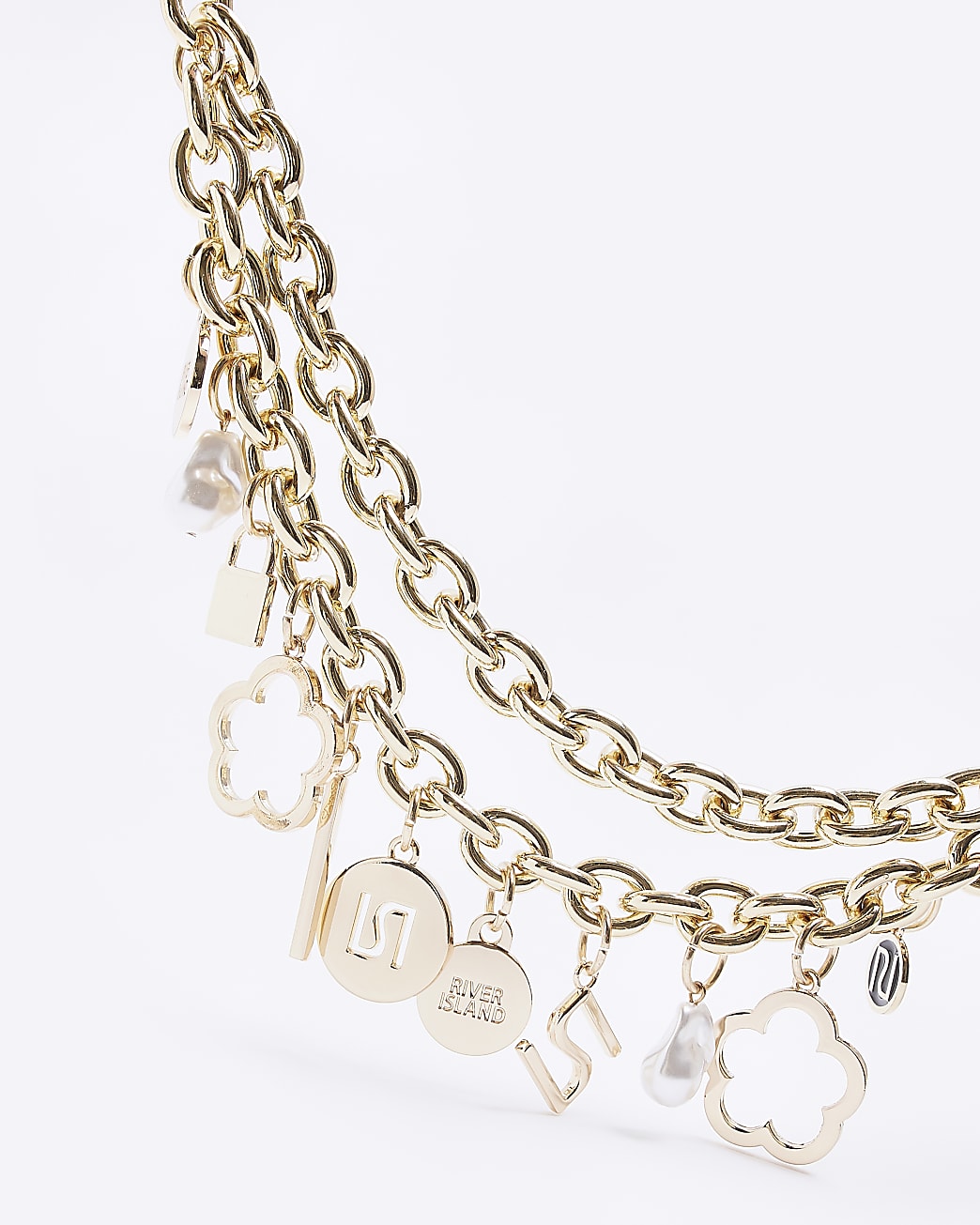 Gold RI monogram charm chain belt