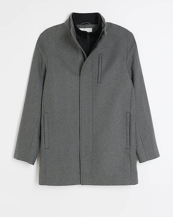 Grey regular fit wool blend coat