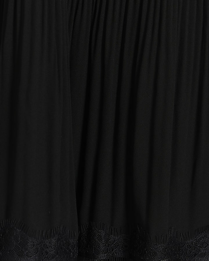 Black pleated lace trim shift mini dress