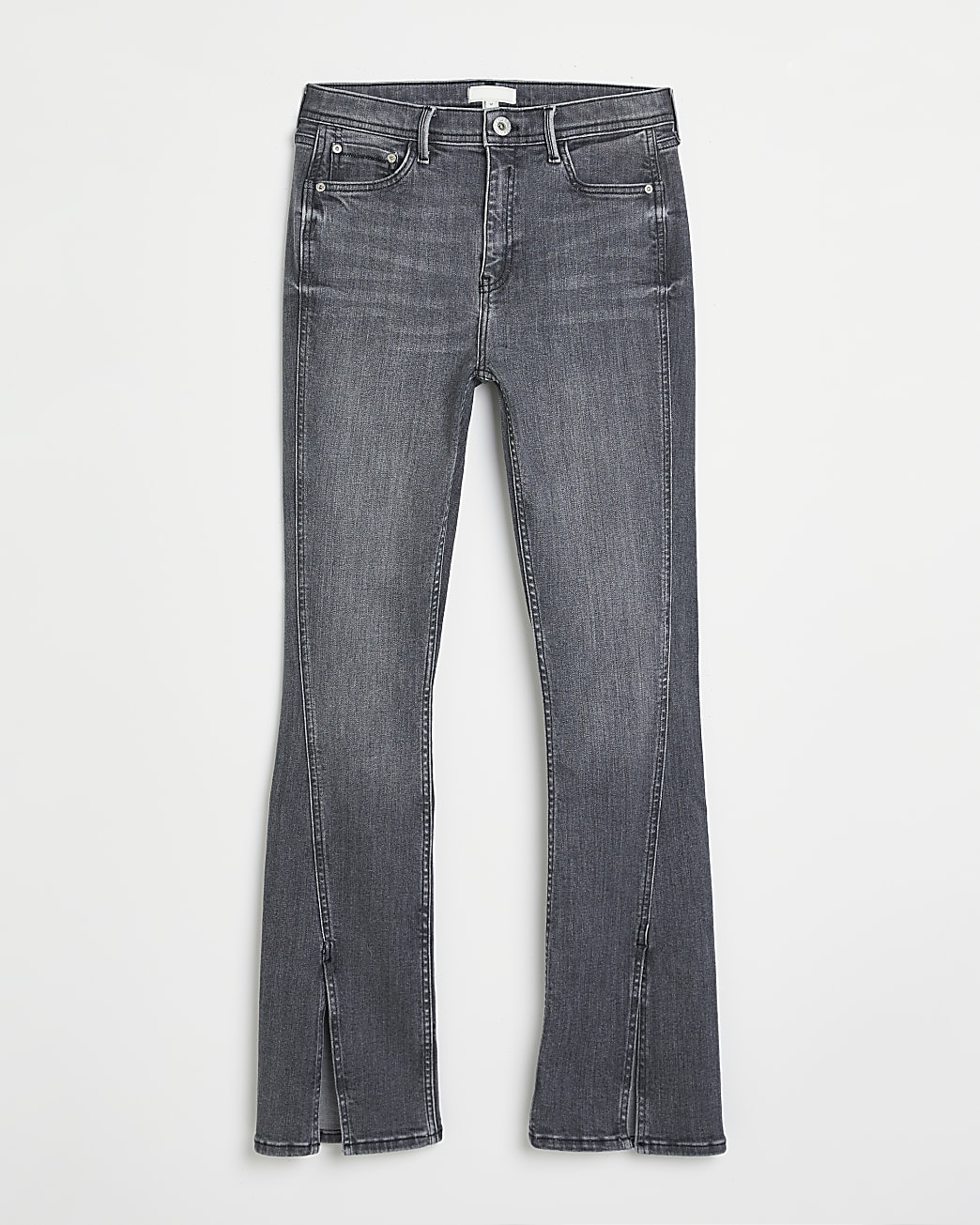 Grey mid rise split hem straight leg jeans