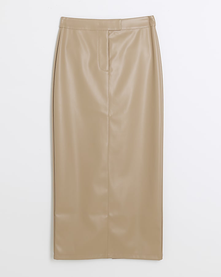 Brown faux leather midi skirt