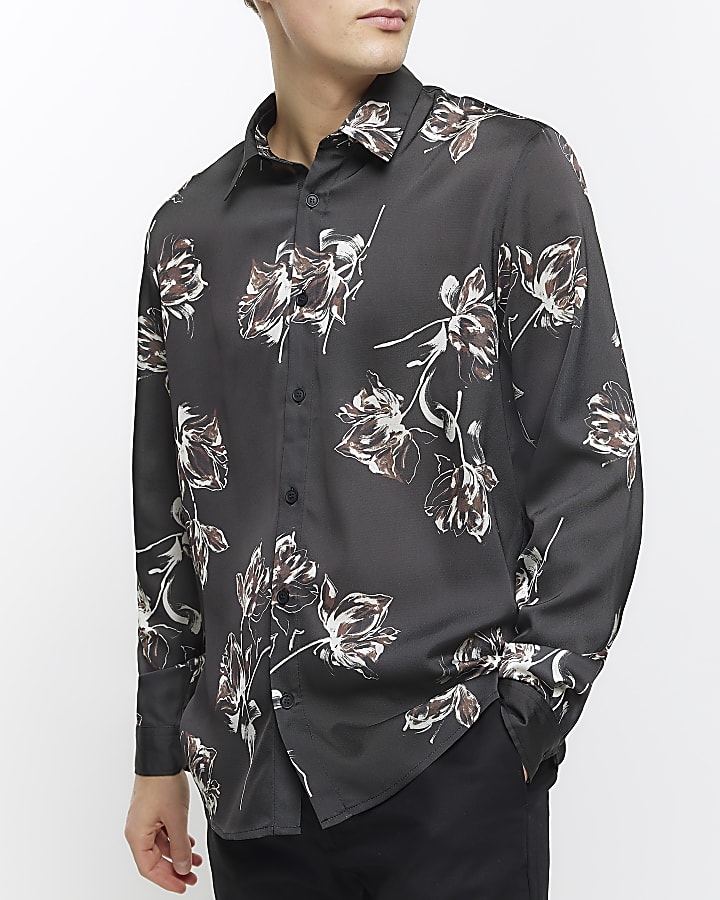 Black regular fit sateen floral shirt