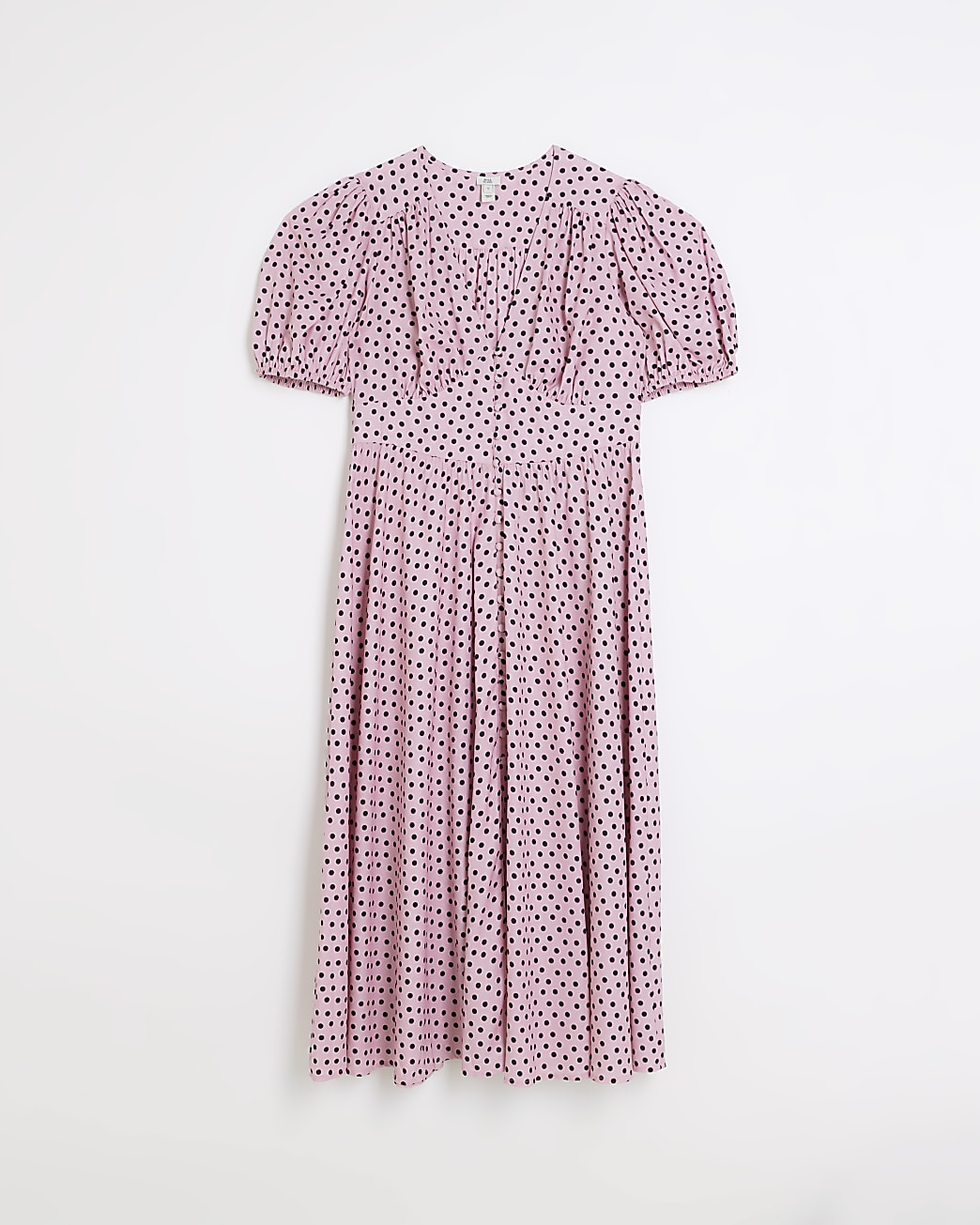 Pink spotted puff sleeve swing midi dress