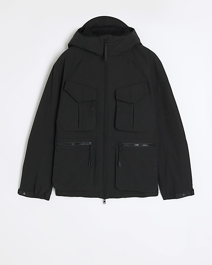 Black regular fit hooded parka jacket